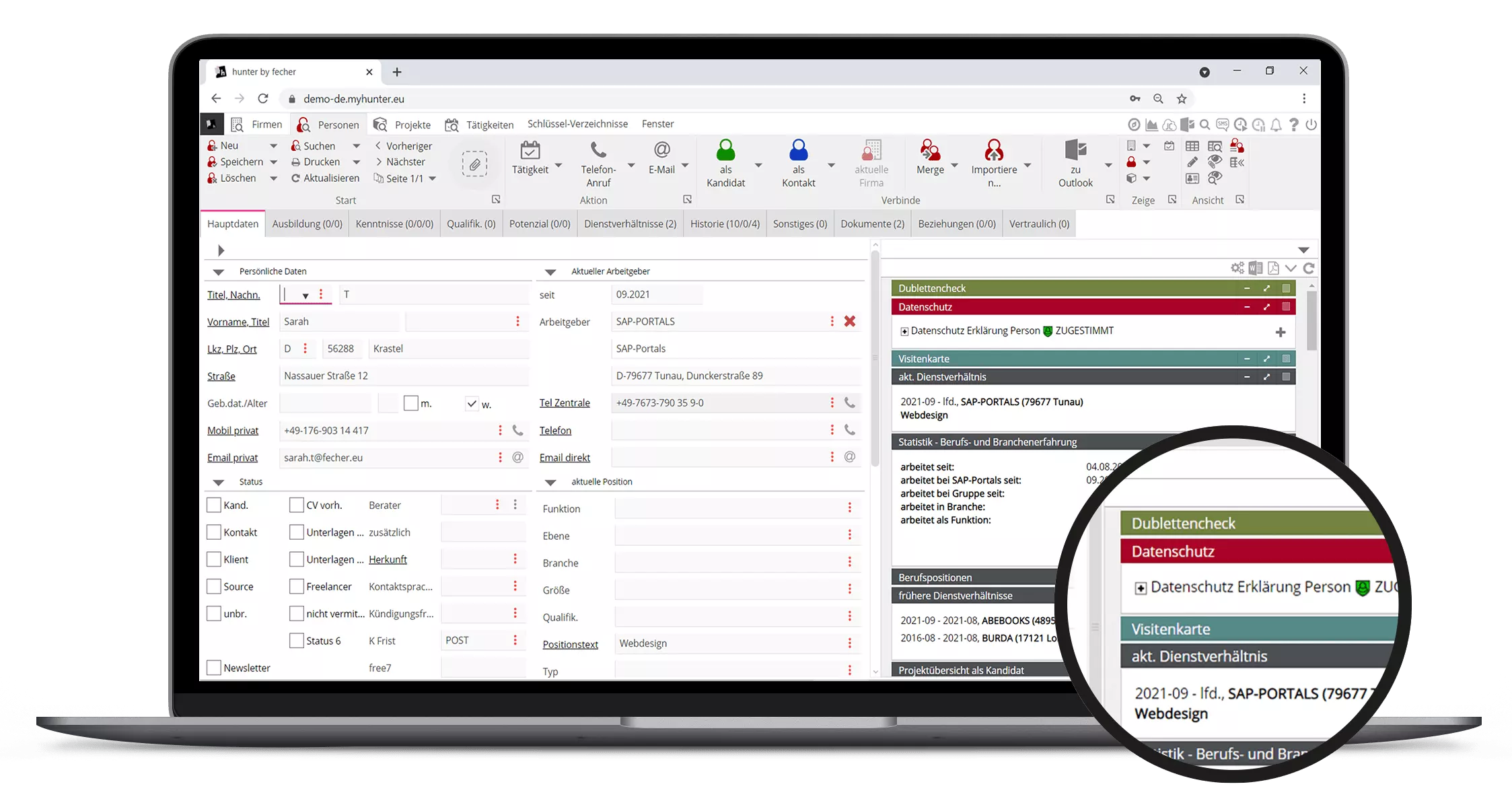 Screenshot hunter Recruiting Software Datenschutz Lupe zeigt Details