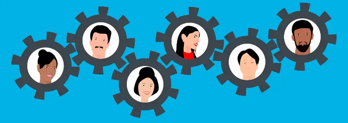 Fürs Diversity Recruiting muss die Unternehmenskultur stimmen Grafik Zahnräder mit vielfältigen Gesichtern greifen ineinander