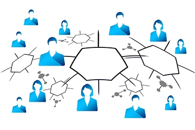 Kanäle fürs Social Recruiting Illustration blaue Oberkörper vernetzt